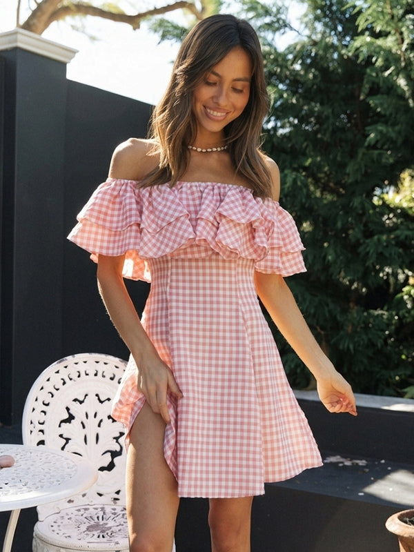 Gingham Off Shoulder Mini Dress For Women - Pink Cottagecore Ruffle Skater Dress - Summer Picnic Party 2026
