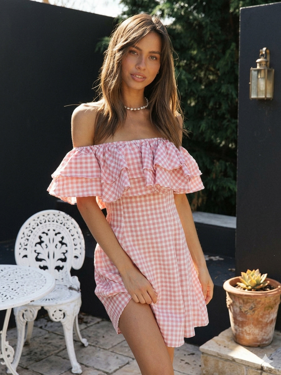 Gingham Off Shoulder Mini Dress For Women - Pink Cottagecore Ruffle Skater Dress - Summer Picnic Party 2026