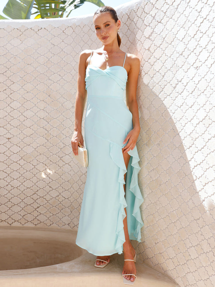 Ruffle Side Slit Maxi Slip Dress For Women - Elegant Backless Slinky Prom Gown - Summer Wedding Guest 2026