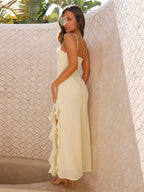 Ruffle Side Slit Maxi Slip Dress For Women - Elegant Backless Slinky Prom Gown - Summer Wedding Guest 2026