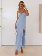 Ruffle Side Slit Maxi Slip Dress For Women - Elegant Backless Slinky Prom Gown - Summer Wedding Guest 2026
