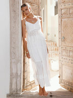 Eyelet Cotton Two Piece Set For Women - White Boho Camisole Tiered Maxi Skirt - Summer Beach Party 2026