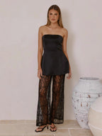 Strapless Top And Lace Pants Set For Women - Black Elegant Sheer Wide Leg Two Piece Set - Summer Evening Party 2026