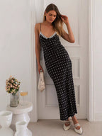 Polka Dot Cami Maxi Dress For Women - French Chic Lace Trim Tie Front Slim Slip Dress - Summer Picnic Party 2026