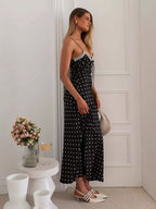 Polka Dot Cami Maxi Dress For Women - French Chic Lace Trim Tie Front Slim Slip Dress - Summer Picnic Party 2026