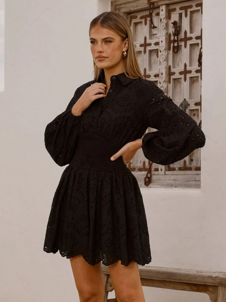 Eyelet Long Sleeve Mini Dress For Women - Boho Smocked Waist Flare Hem Skater Dress - Spring Beach Vacation 2026