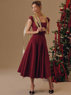 Elegant Square Neck A-Line Midi Dress For Women - Vintage Sleeveless Fit And Flare SunDress - Summer Wedding Guest Cocktail 2026