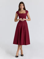 Elegant Square Neck A-Line Midi Dress For Women - Vintage Sleeveless Fit And Flare SunDress - Summer Wedding Guest Cocktail 2026