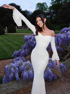 Lace Off Shoulder Maxi Dress For Women - Elegant Trumpet Long Sleeves Mermaid Gown - Spring Formal Evening Party 2026