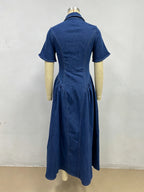 Button Front Denim Long Dress For Women - Dark Blue Boho A-Line Fit And Flare Short Sleeve Jean Dress - Summer Daily Casual 2026