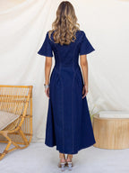 Button Front Denim Long Dress For Women - Dark Blue Boho A-Line Fit And Flare Short Sleeve Jean Dress - Summer Daily Casual 2026
