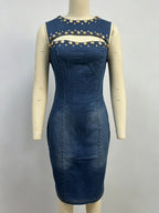 Denim Cutout Bodycon Dress For Women - Blue Studded Sleeveless Slim Fit Pencil Sheath Midi Dress - Summer Party Clubwear 2026