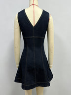 Sleeveless Mini Denim Dress For Women - Dark Blue Western Style Front Zip Slim Fit Jean Sundress - Summer Music Festival 2026