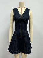 Sleeveless Mini Denim Dress For Women - Dark Blue Western Style Front Zip Slim Fit Jean Sundress - Summer Music Festival 2026