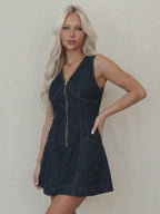 Sleeveless Mini Denim Dress For Women - Dark Blue Western Style Front Zip Slim Fit Jean Sundress - Summer Music Festival 2026