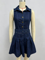 Sleeveless Denim Mini Dress For Women - Y2K Pleated Belted Button Up Jean Skater Dress - Summer Casual Picnic 2026