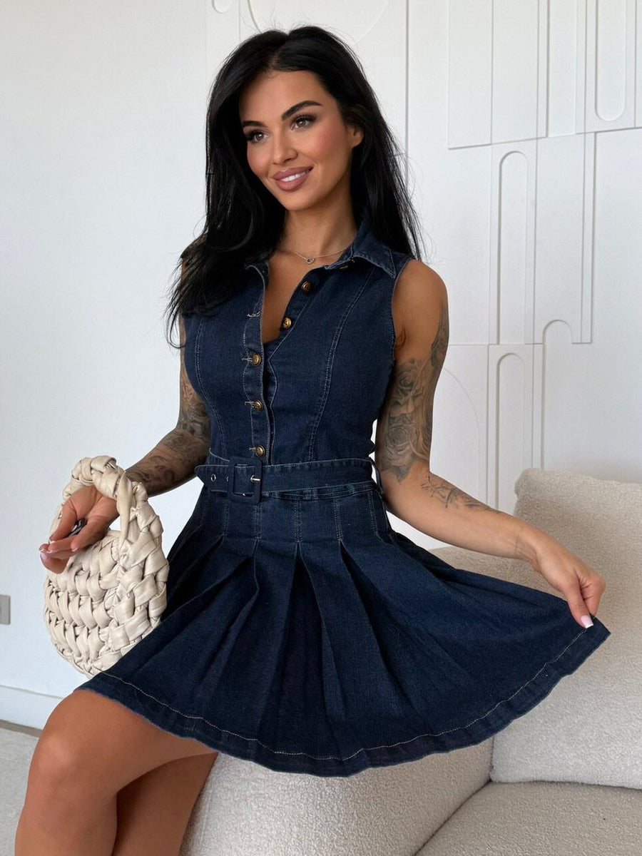 Sleeveless Denim Mini Dress For Women - Y2K Pleated Belted Button Up Jean Skater Dress - Summer Casual Picnic 2026
