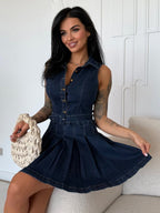 Sleeveless Denim Mini Dress For Women - Y2K Pleated Belted Button Up Jean Skater Dress - Summer Casual Picnic 2026