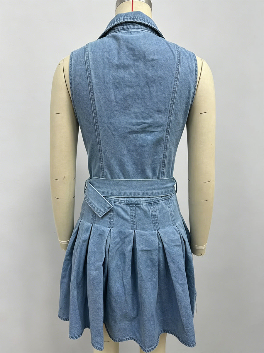 Sleeveless Denim Mini Dress For Women - Y2K Pleated Belted Button Up Jean Skater Dress - Summer Casual Picnic 2026