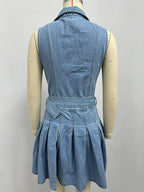 Sleeveless Denim Mini Dress For Women - Y2K Pleated Belted Button Up Jean Skater Dress - Summer Casual Picnic 2026