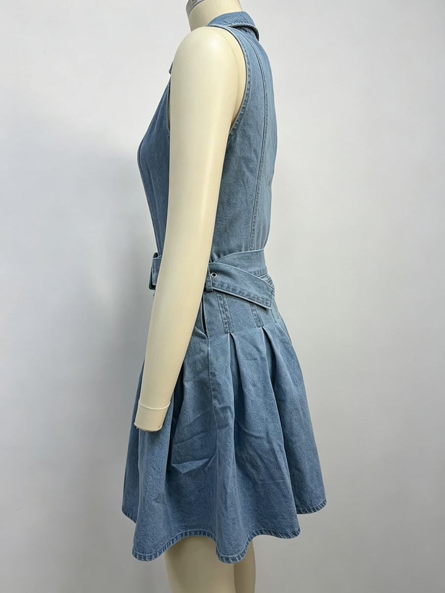 Sleeveless Denim Mini Dress For Women - Y2K Pleated Belted Button Up Jean Skater Dress - Summer Casual Picnic 2026