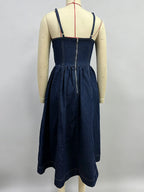 Denim Midi Sun Dress For Women - Dark Blue Sexy Corset Top Pleated A-Line Slip Dress - Summer Casual Picnic 2026