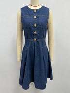 Sleeveless Mini Denim Dress For Women - Medium Blue Y2K Flower Button Fit And Flare Jean Pleated Sun Dress - Summer Casual Party 2026