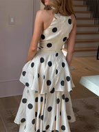 Polka Dot Skirt Two Piece Set For Women - Retro Halter Neck Crop Top And Tiered Maxi Skirt - Summer Garden Party 2026