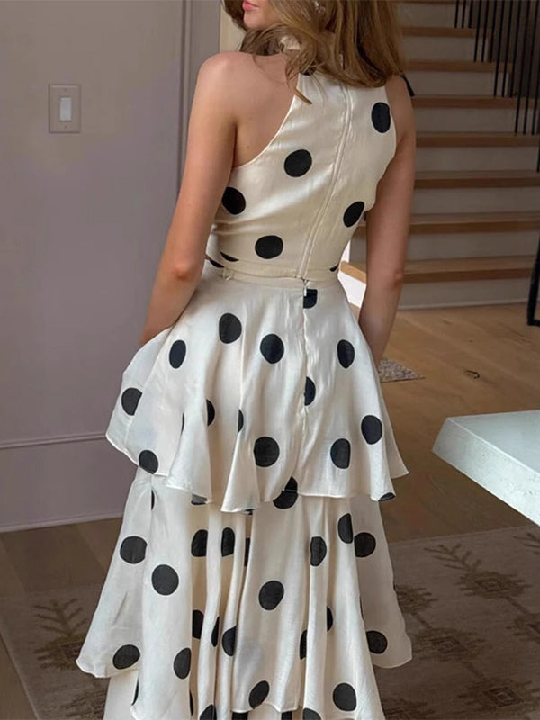 Polka Dot Skirt Two Piece Set For Women - Retro Halter Neck Crop Top And Tiered Maxi Skirt - Summer Garden Party 2026