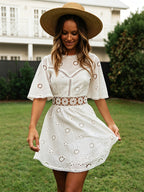 White Eyelet Backless Mini Dress For Women - Boho Flare Sleeve Fit And Flare Cotton Sundress - Summer Beach Vacation 2026