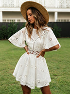 White Eyelet Backless Mini Dress For Women - Boho Flare Sleeve Fit And Flare Cotton Sundress - Summer Beach Vacation 2026