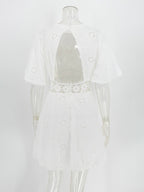 White Eyelet Backless Mini Dress For Women - Boho Flare Sleeve Fit And Flare Cotton Sundress - Summer Beach Vacation 2026