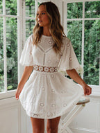 White Eyelet Backless Mini Dress For Women - Boho Flare Sleeve Fit And Flare Cotton Sundress - Summer Beach Vacation 2026