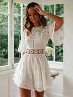 White Eyelet Backless Mini Dress For Women - Boho Flare Sleeve Fit And Flare Cotton Sundress - Summer Beach Vacation 2026