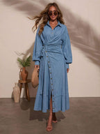 Lantern Sleeve Denim Maxi Dress For Women - Light Wash Western Style Cross-Wrap Waist Shirt Dress- Spring Daily Casual 2026