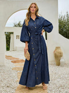 Lantern Sleeve Denim Maxi Dress For Women - Light Wash Western Style Cross-Wrap Waist Shirt Dress- Spring Daily Casual 2026