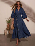 Lantern Sleeve Denim Maxi Dress For Women - Light Wash Western Style Cross-Wrap Waist Shirt Dress- Spring Daily Casual 2026