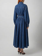 Lantern Sleeve Denim Maxi Dress For Women - Light Wash Western Style Cross-Wrap Waist Shirt Dress- Spring Daily Casual 2026