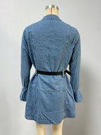 Bell Sleeve Mini Denim Dress For Women - Light Blue Flare Cuff Button Down Belted Jean Shirt Dress - Spring Daily Casual 2026