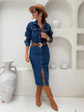 Long Sleeve Denim Midi Dress For Women - Blue Western Style Button Front Split Front Bodycon Jean Dress - Spring Daily Casual 2026