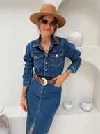 Long Sleeve Denim Midi Dress For Women - Blue Western Style Button Front Split Front Bodycon Jean Dress - Spring Daily Casual 2026
