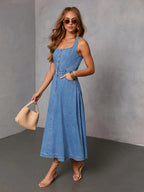Sleeveless Midi Denim Dress For Women - Medium Blue Square Neck Button Up Fit And Flare Jean Sun Dress - Summer Casual Picnic 2026