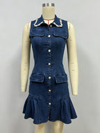 Sleeveless Mini Denim Dress For Women - Dark Blue Beaded Collar Button Up Ruffle Hem Slim Fit Jean Dress - Summer Casual Party 2026