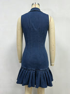 Sleeveless Mini Denim Dress For Women - Dark Blue Beaded Collar Button Up Ruffle Hem Slim Fit Jean Dress - Summer Casual Party 2026