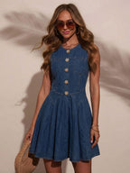 Sleeveless Mini Denim Dress For Women - Medium Blue Y2K Flower Button Fit And Flare Jean Pleated Sun Dress - Summer Casual Party 2026