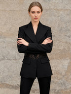 Sexy Lace Patchwork Blazer For Women - Black Gothic Sheer Mesh Waist Slim Fit Suit Jacket - Spring Evening Party 2026