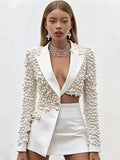 Pearl Beaded Blazer Skirt Set For Women - Sexy Asymmetric Hem Cut Out Mini 2 Piece Suit - Spring Night Out Party 2026