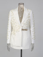 Pearl Beaded Blazer Skirt Set For Women - Sexy Asymmetric Hem Cut Out Mini 2 Piece Suit - Spring Night Out Party 2026