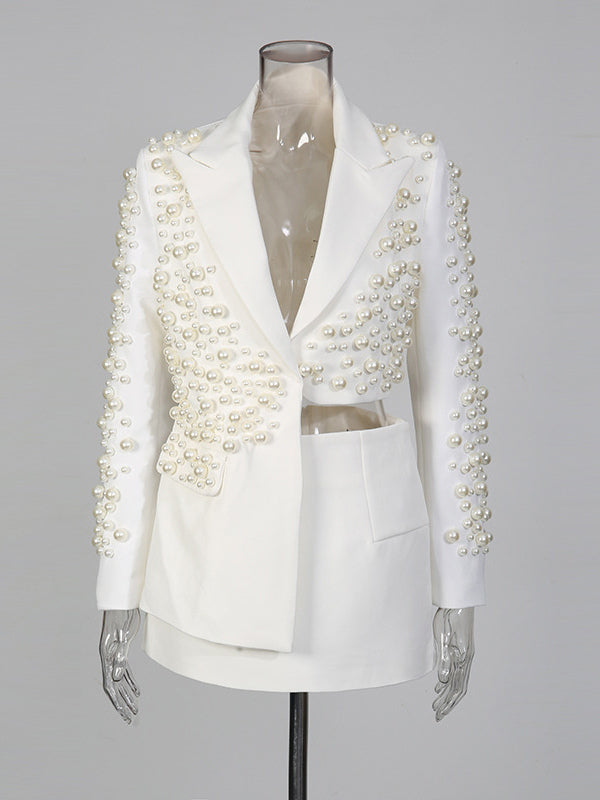 Pearl Beaded Blazer Skirt Set For Women - Sexy Asymmetric Hem Cut Out Mini 2 Piece Suit - Spring Night Out Party 2026