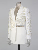 Pearl Beaded Blazer Skirt Set For Women - Sexy Asymmetric Hem Cut Out Mini 2 Piece Suit - Spring Night Out Party 2026